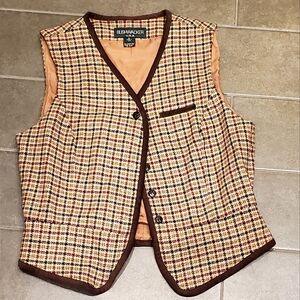 Vintage Bushwacker USA Wool Plaid Button Up V-Neck Vest, Tan/Brown/Red Wm 8, EUC